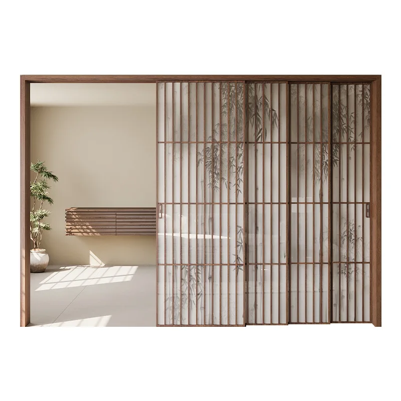 

New Chinese bamboo shadow glass door kitchen balcony living room partition sliding door retro grille Song's aesthetic sliding