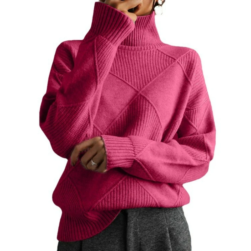 Women Turtleneck Sweaters Full Sleeve Pullovers Spliced Thick Sweater Lozenge Elegant Lady Solid Outwear Warm Winter 2024