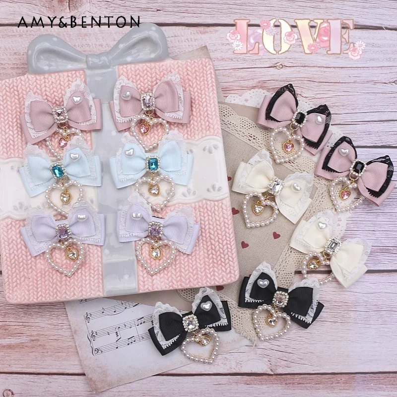 

Japanese Mine Mass-Produced Cute Bow Hair Clips Sweet Lace Stitching Pearl Heart Pendant Hair Bows Lolita Girl Hair Accessories