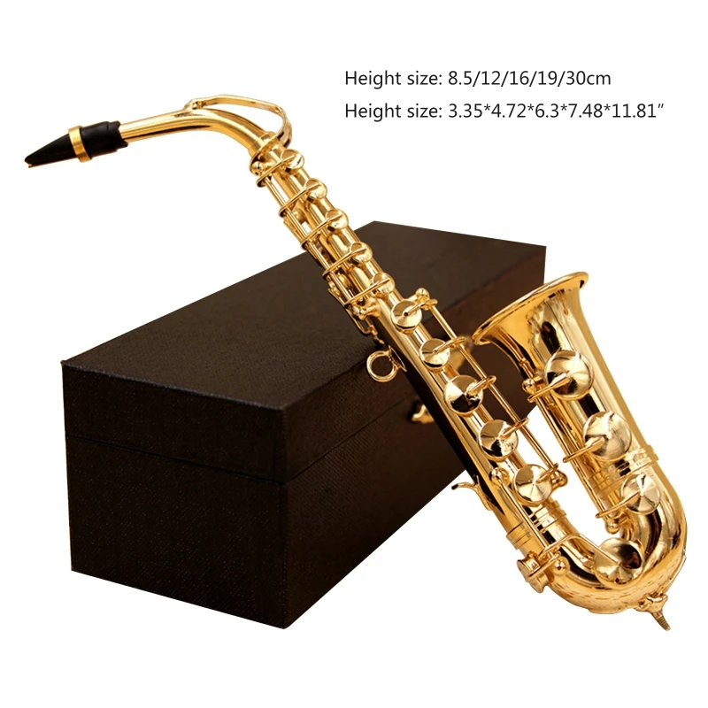 448D Copper Miniature Saxophone with Base Mini Musical Instrument Miniature Replica Dollhouse Model Mini Saxophone