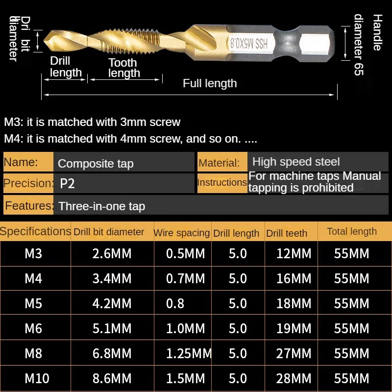 Titanium Plated Hex Shank HSS Screw Thread Metric Tap Cobalt-Bearing Drill Bits Screw Compound M3 M4 M5 M6 M8 M10Mechanical Part