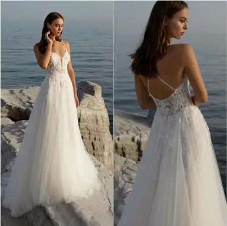 

2022 Aviana Boho Lace Appliqué V-Neck Wedding Dress For Women A-Line Sleeveless Tulle Sweep Train Bridal Gown Robe De Mariée