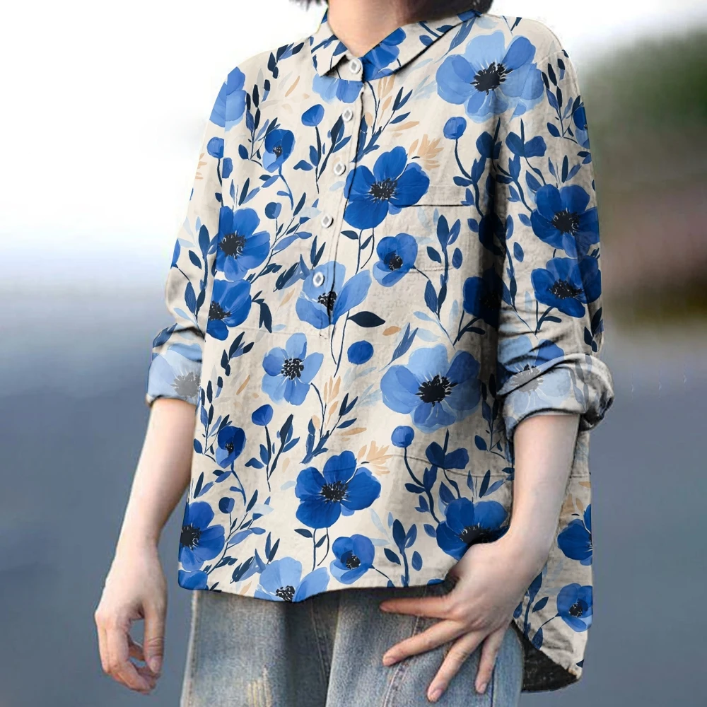 National Style Elegant Printing Casual Shirt Women's Luxury Pullover Shirt Outfits Cotton Lapel Loose Long-Sleeved Top New