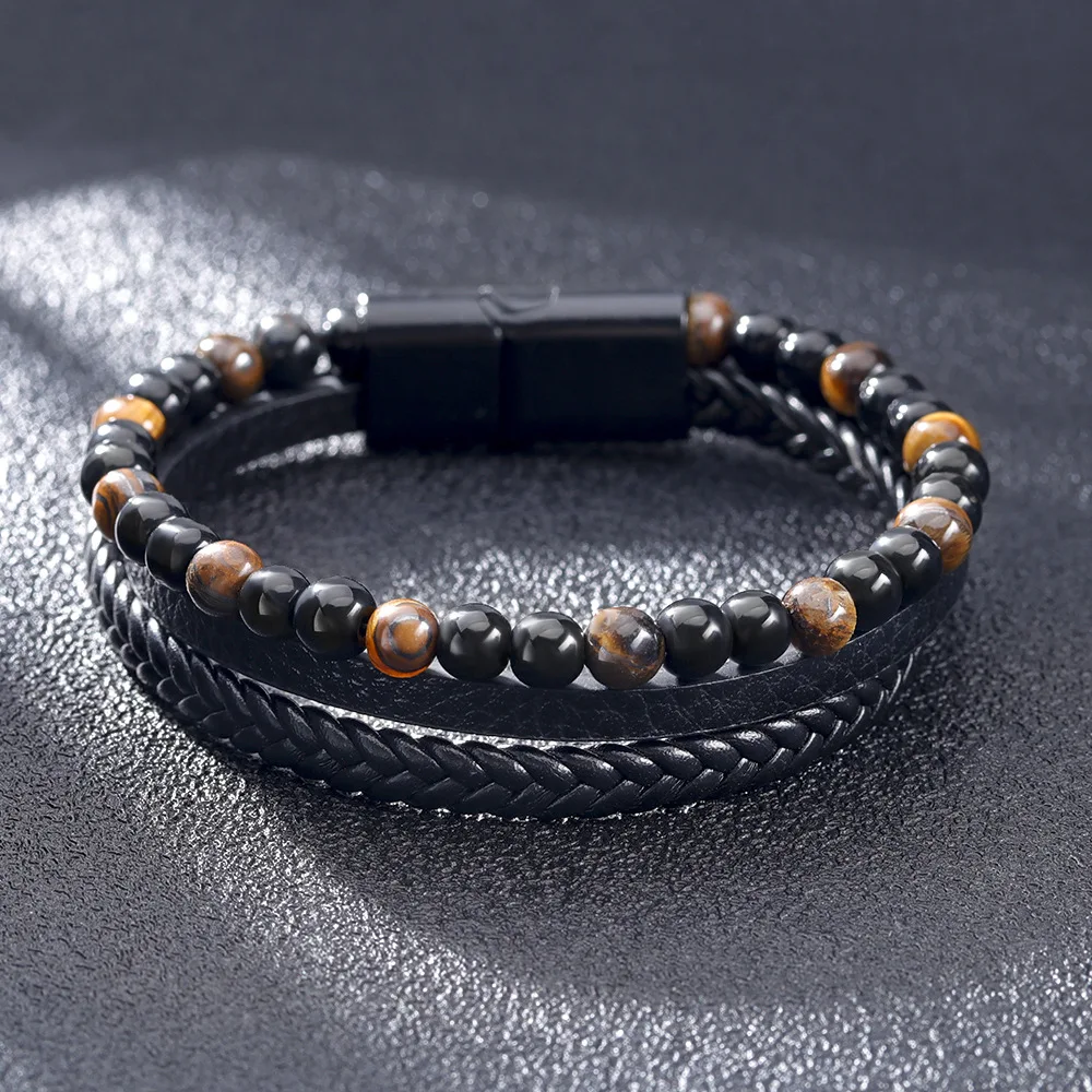 316L Stainless Steel Volcanic Stone Beaded Leather Bracelet For Men Tiger Eye Lava Agates Beads Multilayer Mens Beads Bracelet