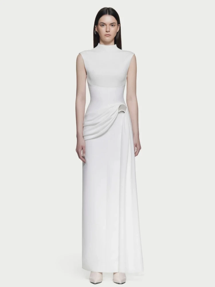 

Сексуальное длинное платье с круглым вырезом и драпировкой в складках, женское белое платье без рукавов в стиле пэчворк, тонкие платья с рюшами, вечерние платья