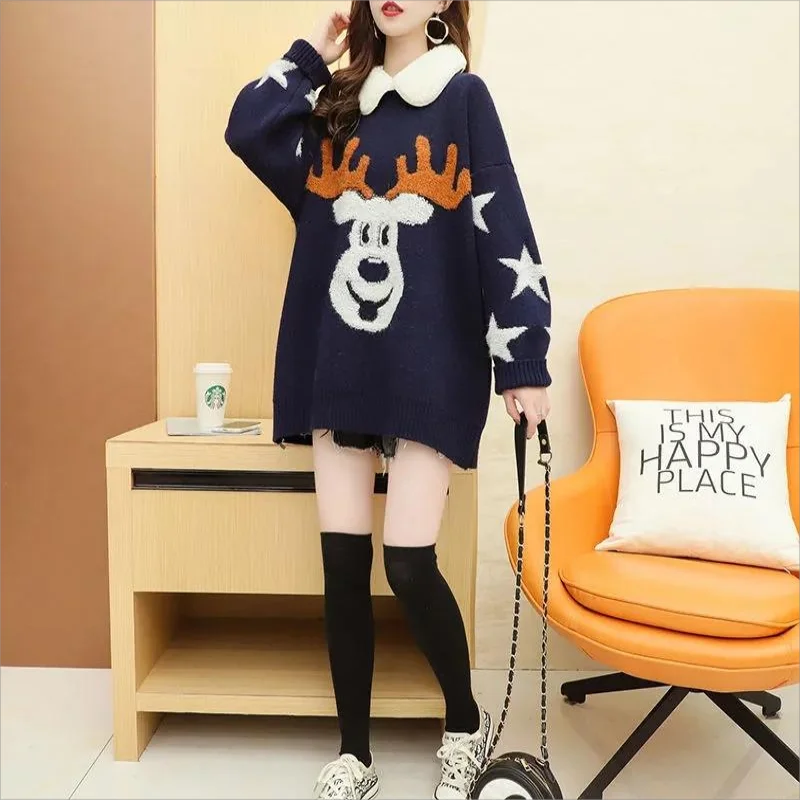 Sweater Lady Reindeer Christmas sweater 2023 Winter Woman pullover sweater Loose sweater Woman Winter