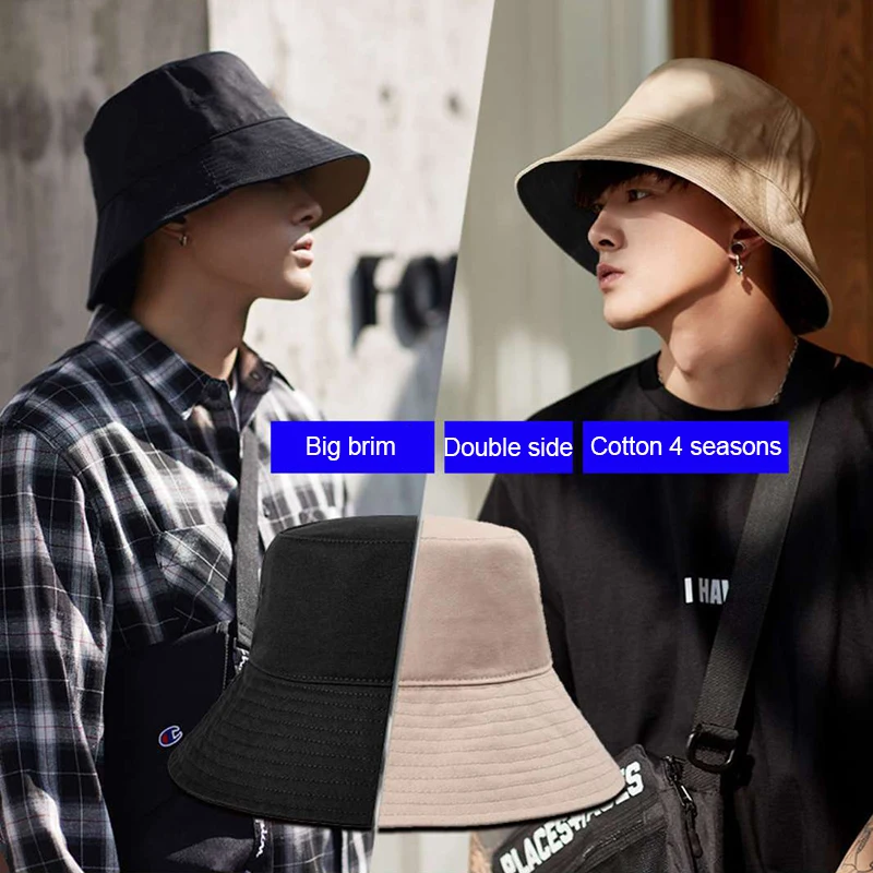 Large Size Summer Bucket Hat for Men Fashion cotton Reversible Bob Male Caps Panama sad boys fold Sun beach fisherman hat Double