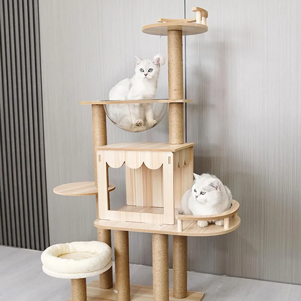 Multi-Layer Cat Tower Wooden Cats Climbing Frame Modern Indoor Pet Toys With Nest Kitty Scratching Posts Activity Cat Tree House