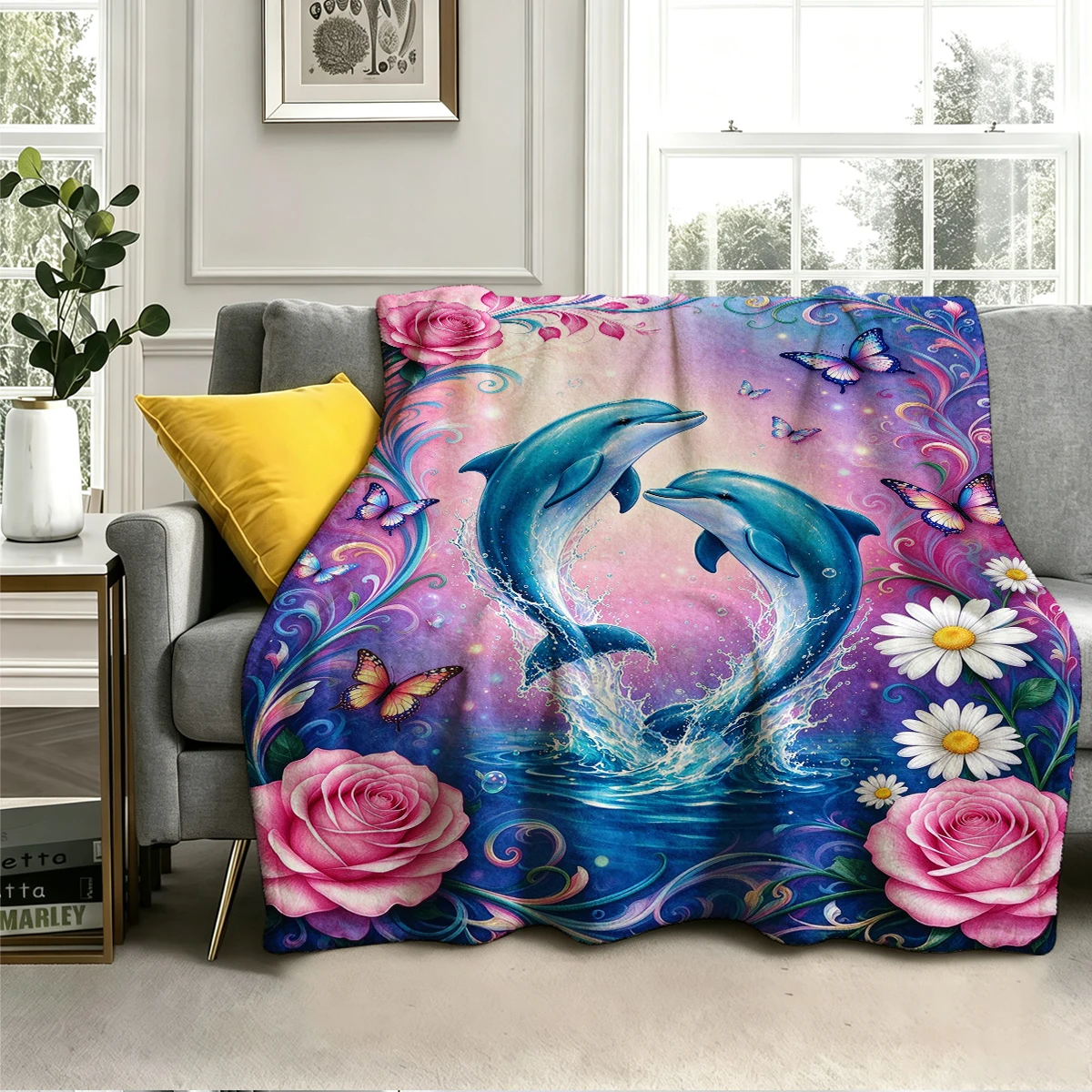 Two Blue Dolphins Splash Flannel Blanket Warm Soft Halloween Christmas Decorative Couch Warm Cozy All-Season Gift