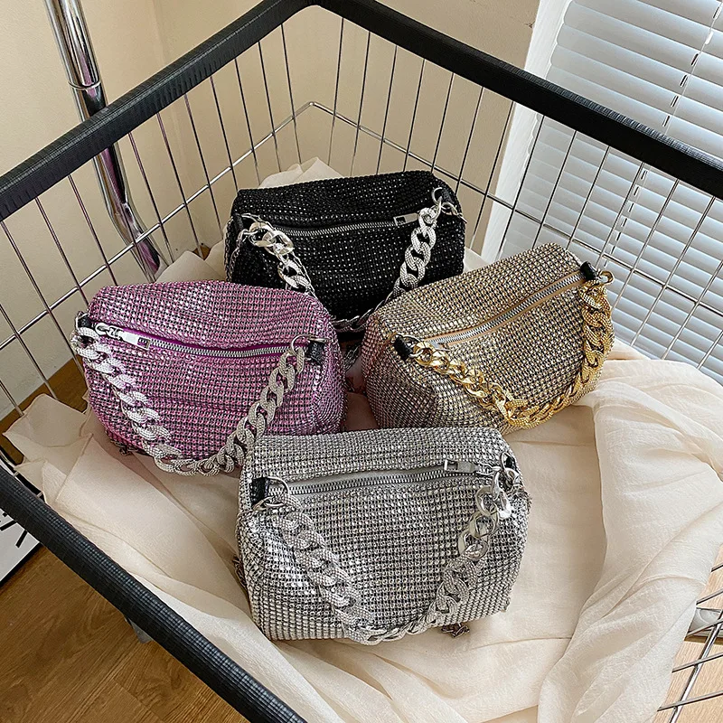 Luxury Rhinestone Chain Crossbdoy Bag Female Portable Small Handbag Women Underarm Pillow Design Bag Clutch Shoulder Bag Purse