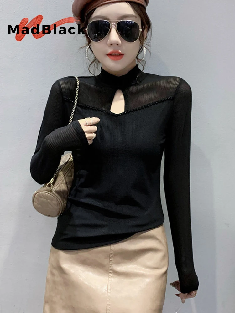 

MadBlack-Women European T-Shirt, Sexy Mock Neck Beading Hollow-out, Clubwear Long Sleeve Slim S-3XL Tee, 2025 Autumn T59101CC