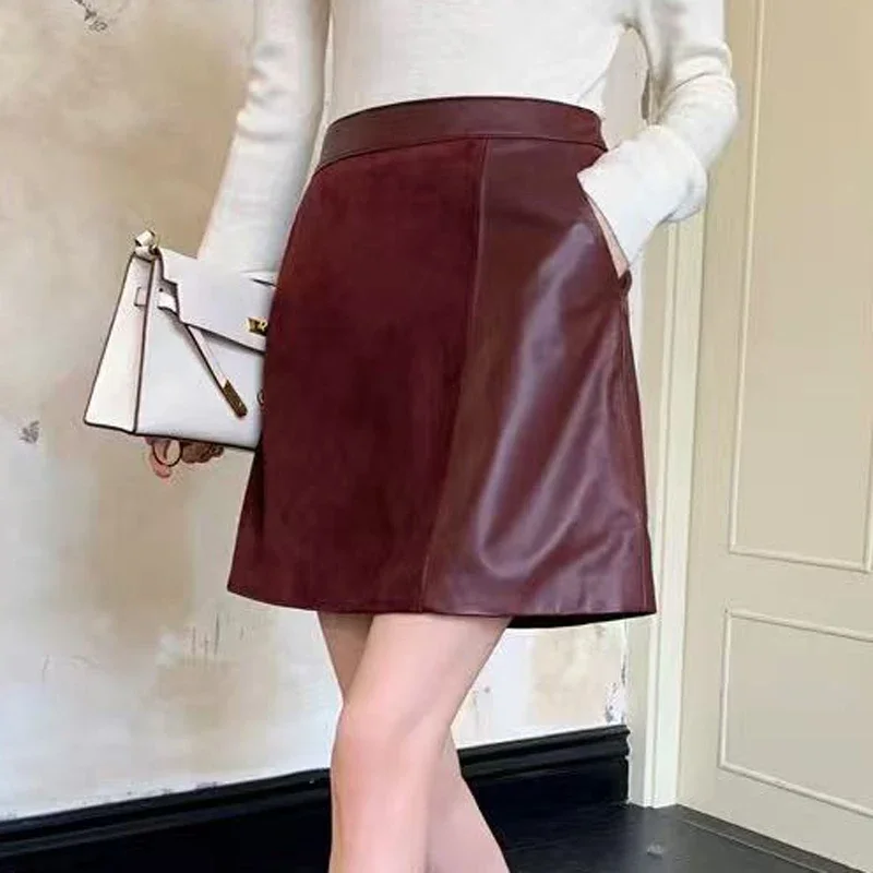 

Женская кожаная одежда 2021, замшевая кожа овчины в стиле пэчворк, короткая женская асимметричная облегающая мини-юбка трапециевидной формы, красная Jupe Femme