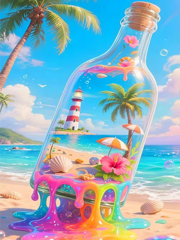 Oil Painting By Numbers Handmade DIY Colorful Drift Bottle Canvas Art Wall Decor for Game Room or Living Room Gift Frameless