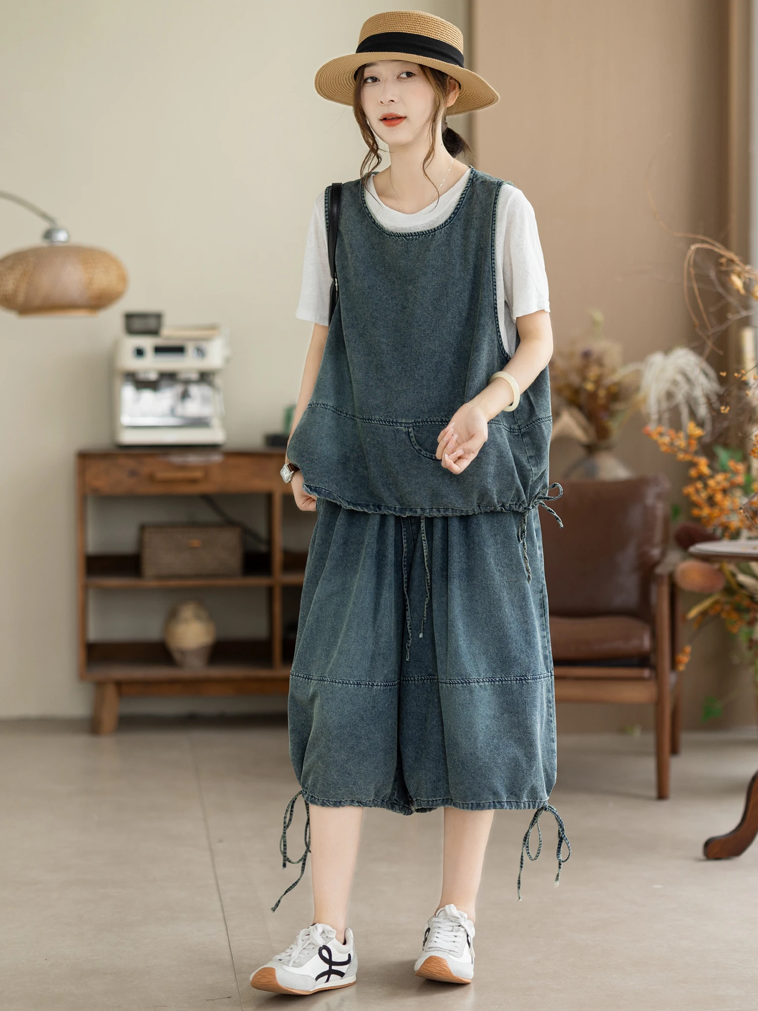 Summer Thin Washed Denim Slimming Loose Casual Sleeveless Vest Wide Leg Pants Two Piece Set Women's Fashion Outerwear