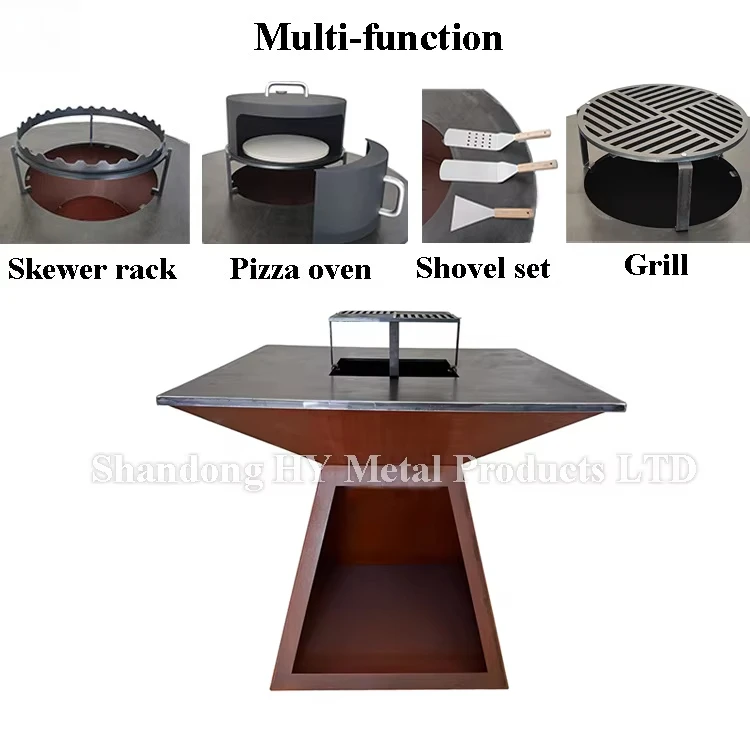 Simple square corten steel camping iron plate barbecue grill rusty metal wood burning heating stove fire pit