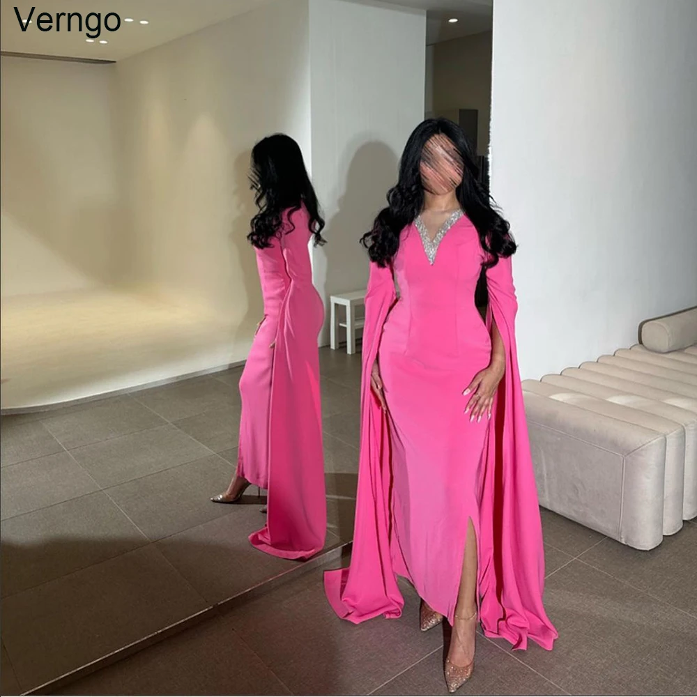 

Verngo Mermaid Saudi Arabia Prom Dress V-neck Long Sleeves Evening Dress Satin Shiny Formal Occasion Gowns Robe De Soirée