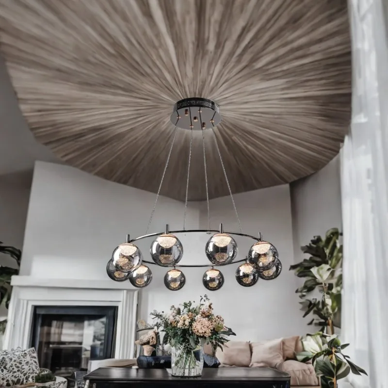 Postmodern Smokey gray designer light Circular chandelier, Brass Suspension Line lustre Ceiling for room, APP with RC Dimmable