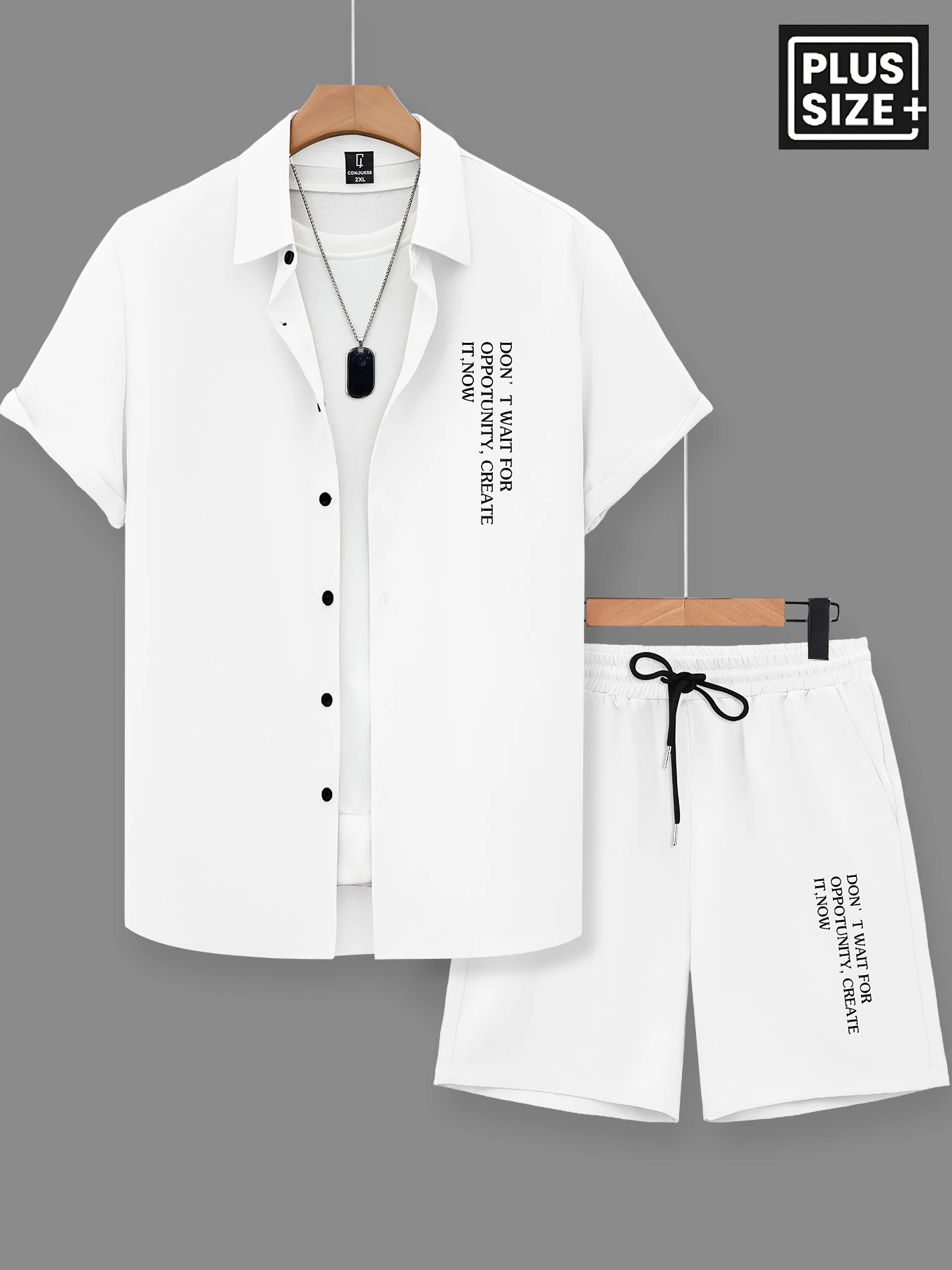 

Big & Tall Men's Korean Smart Casual Slogan Set, English Embroidery Shirt & Shorts, Loose Fit for Curvy Guys