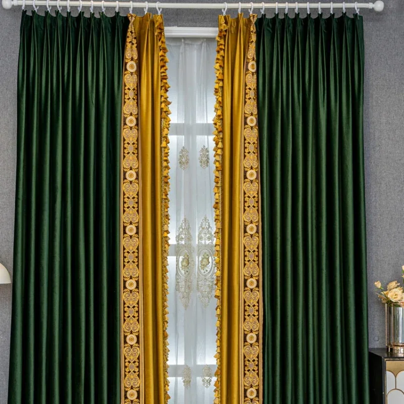 European High-end Lace Dark Green Velvet Blackout Thickened European Embroidery Curtains for Living Dining Room Bedroom