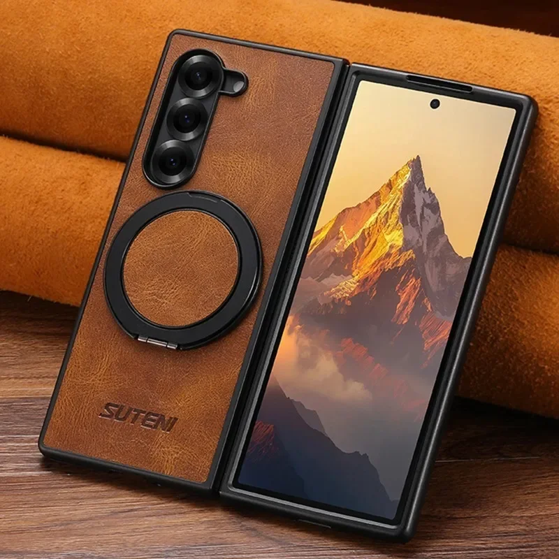 

Vintage Oil Wax Faux Leather 360° Rotating Stand Buckle Case For Samsung Galaxy Z Fold 7 6 5 Wireless Charging Shockproof Cover