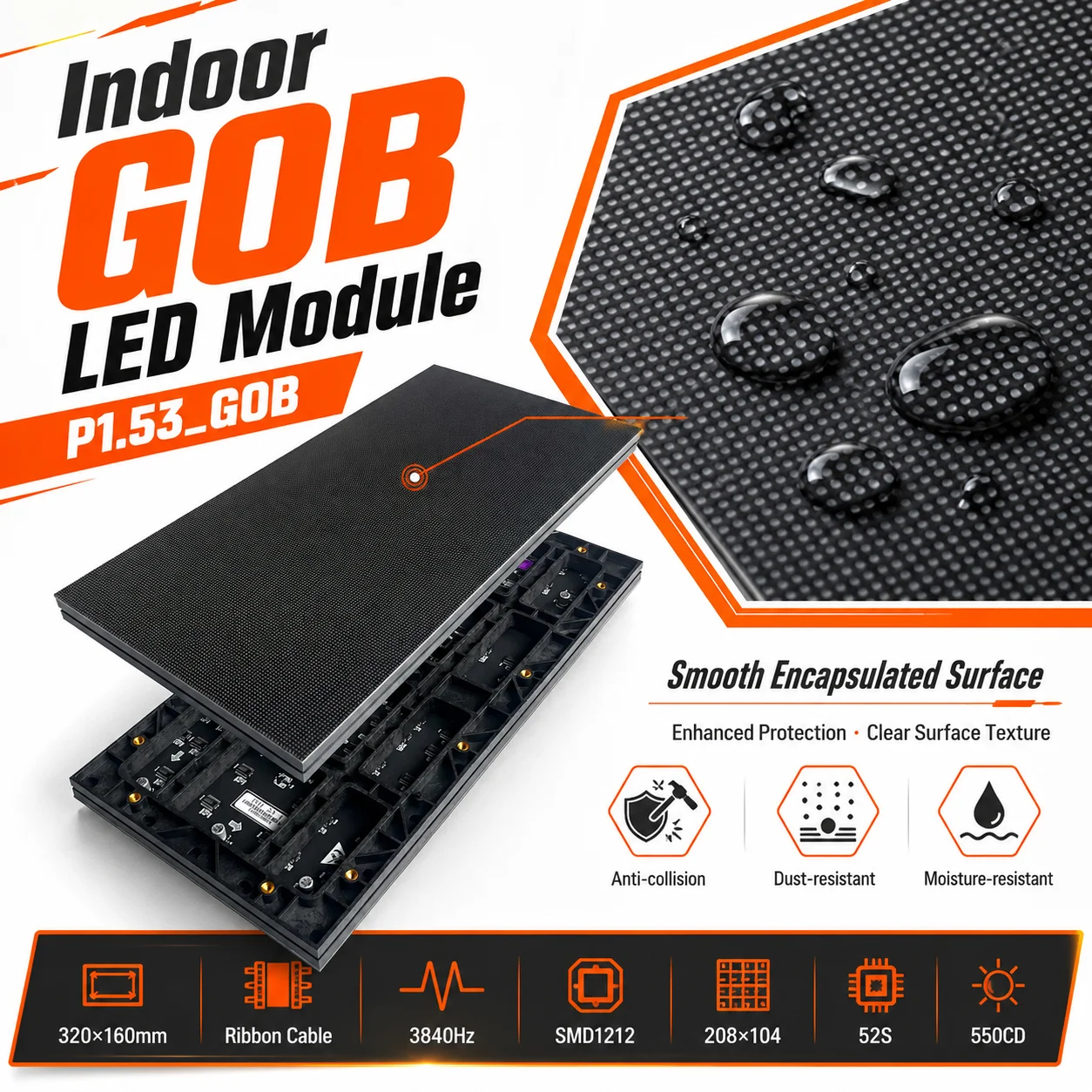P1.53 GOB Indoor Full Color LED Display Panel Small Pitch 320x160mm 208x104 Pixels for Display Screen Wall