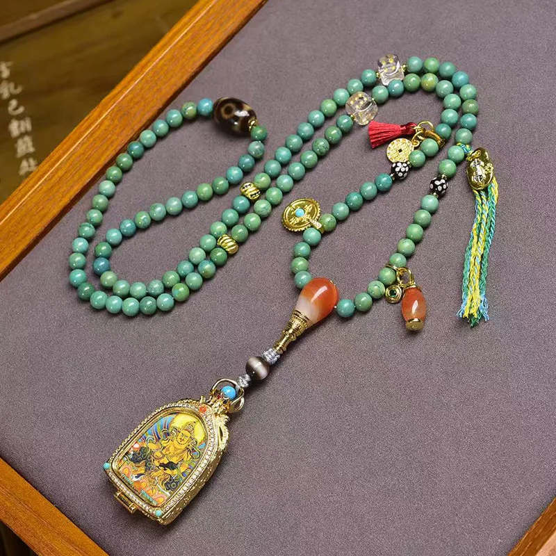 

Tibetan Style Small Thangka Yellow Agate Dzi Bead White Tassel Accessories Turquoise Necklace