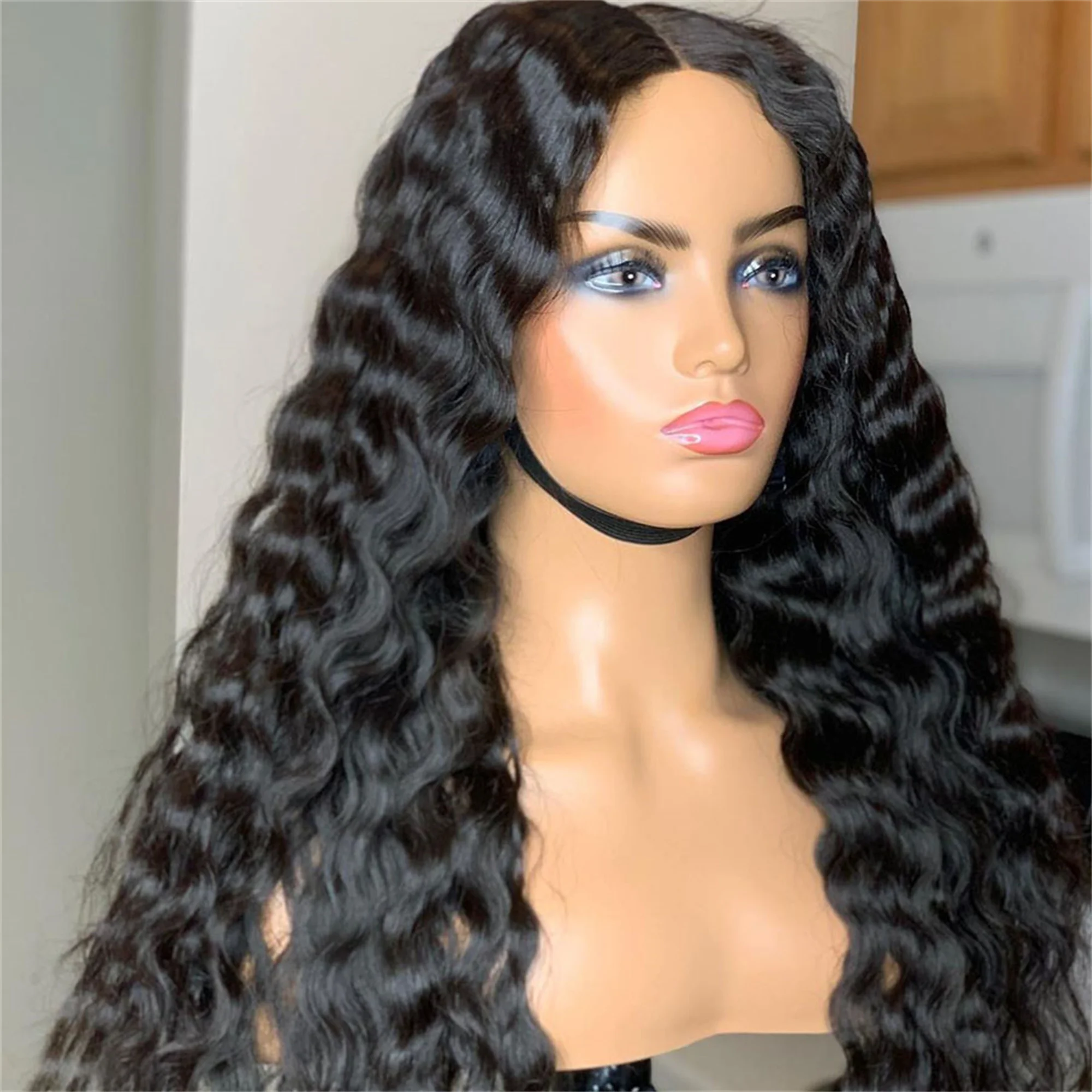 

Soft 26"Long Preplucked Glueless 180Density Deep Wave Natural Black Deep Part Lace Front Wig For Women BabyHair Daily Cosplay