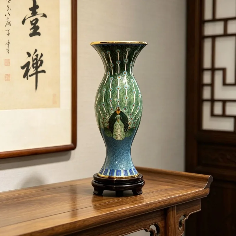 12-Inch peacock bottle, copper tire filigree enamel foyer, living room furnishings