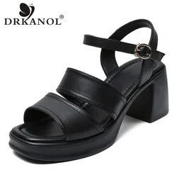 DRKANOL Women High Heel Sandals Summer Open Toe Shoes Genuine Leather Buckle Strap Thick Heel Platform Outside Casual Sandals