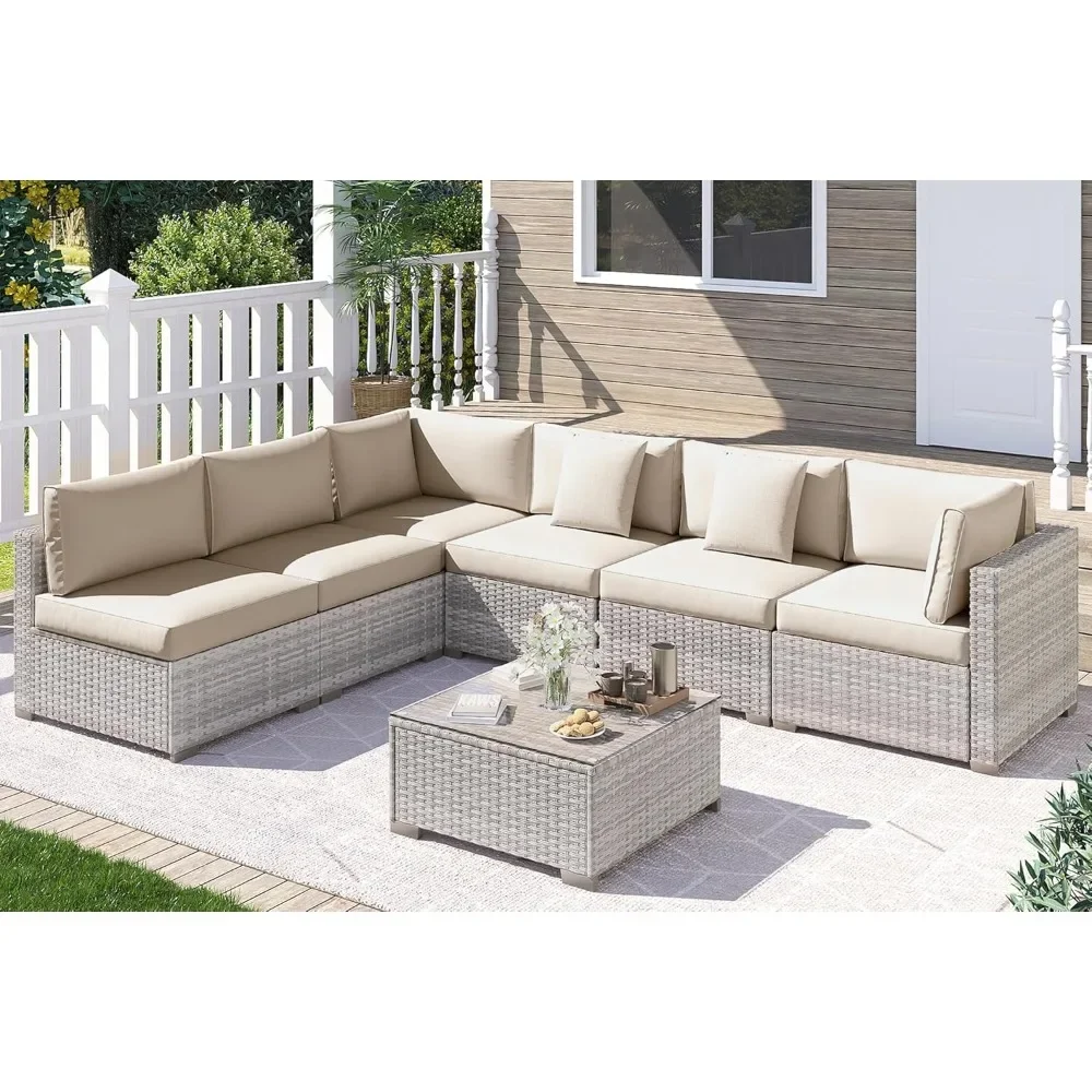 

7 Piece Outdoor Patio Furniture Set, Outdoor Sectional Furniture, Glass Table Wicker Conversation Seating Sectional Sofa