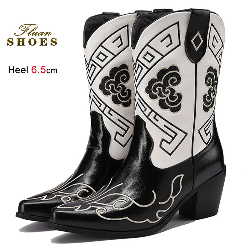 

2025 Black Autumn Winter Embroidery Women Mid-Calf Boots Pointed Toe Chunky Heels 6.5cm Female Knight Boots Western Cowboy Boots