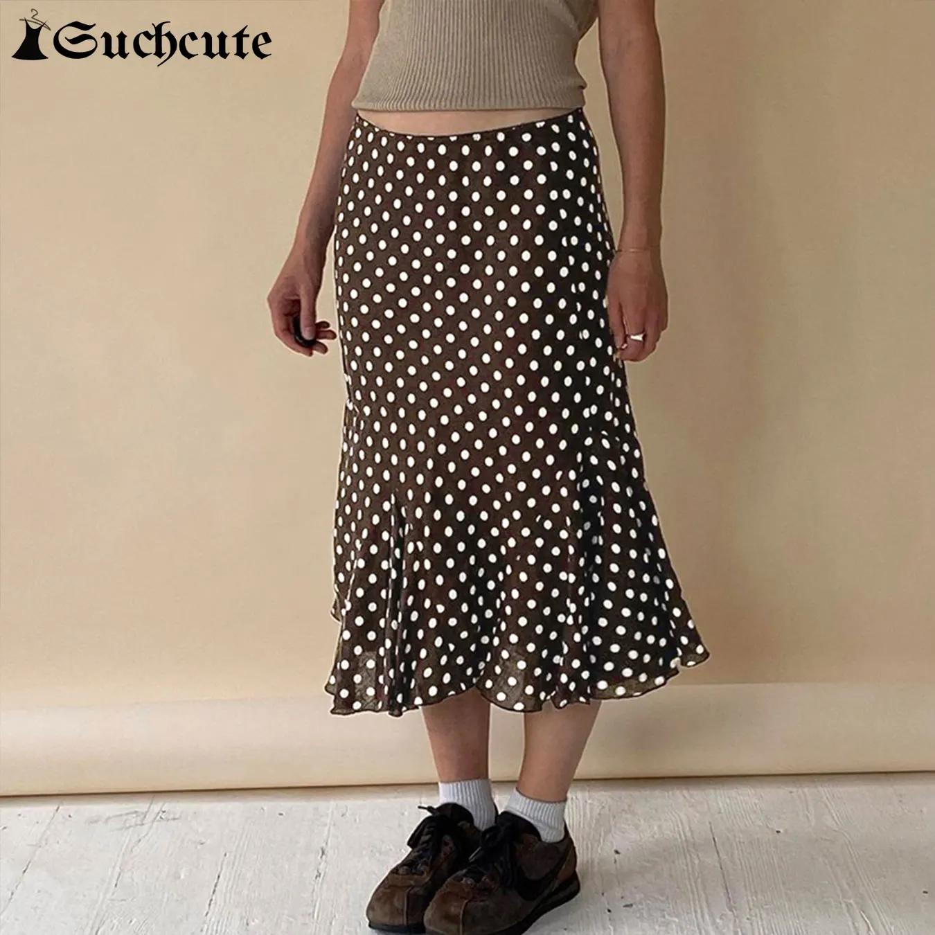 

SUCHCUTE Fashion Polka Dot Slim Midi Fishtail Skirts Retro Brown Low Waist Skirt Women's Bottoms Casual Baggy Clothes Streetwear