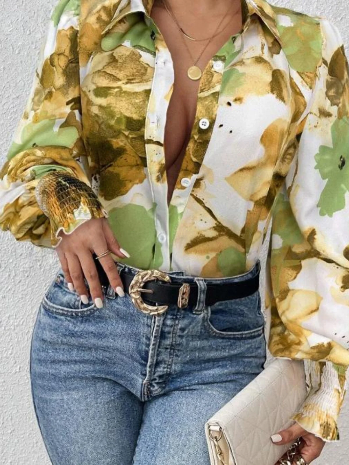 

Street Sle Loose Fit Long Sve irt Printed Collarl Sved irt Women's Faion Casual Printed Long irt