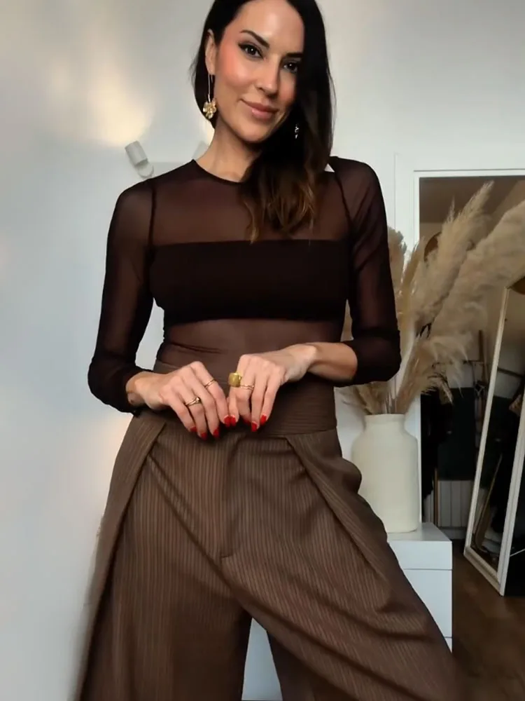 

HH Women Elegant O-Neck Long Sleeves Jumpsuit Fashion Translucent Tulle Paneled Casual Slim Street Sexy Short Jumpsuit Mujer