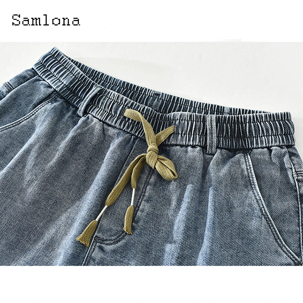 Samlona Men Latest Demin Shorts 2022 Summer New Sexy Lace-up Shorts Plus size Male Fashion Ripped Demin Short Pants Grey Blue