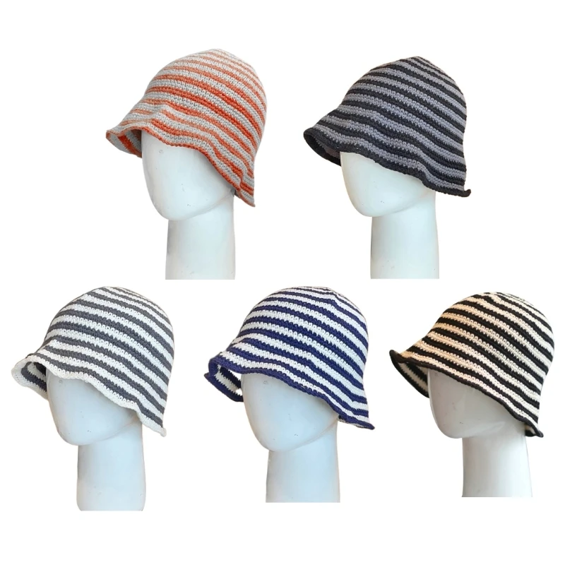 

A2ES Versatile Women Crochet Bucket Hat Floppy Fishing Hat with Striped Pattern Household Headdress Accessory