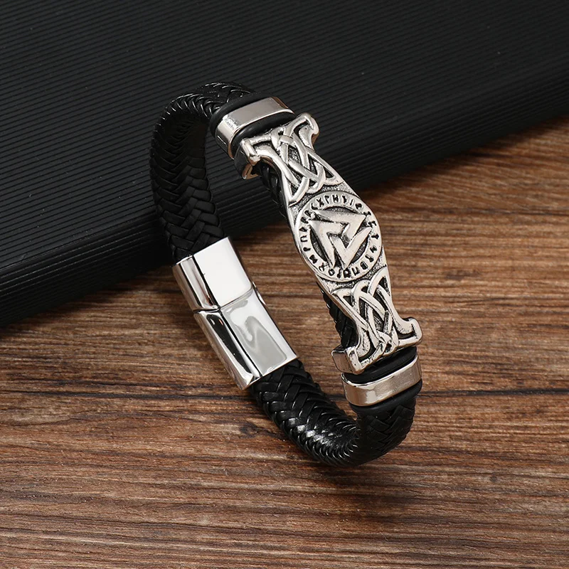 Vintage Viking Woven Leather Bracelet Nordic Celtic Knot Valknut Symbol Magnetic Bangle For Men Jewelry