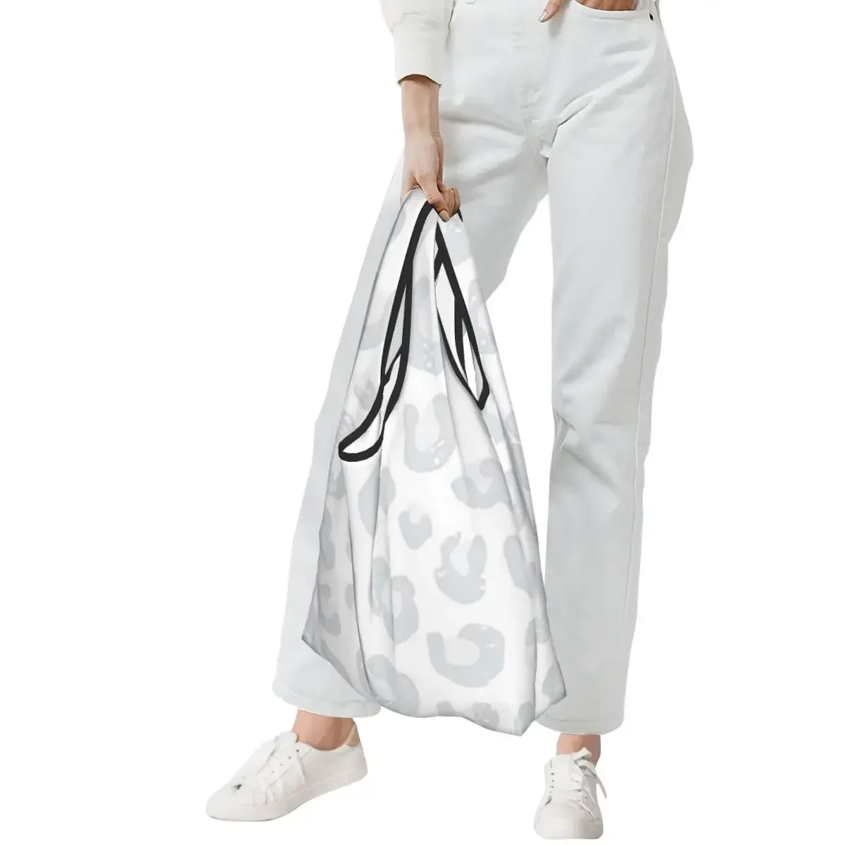 Leopard Print - Silver Gray And White Shopping Bag Portable Tote Bags Reusable Shoulder Shopper Bag Groceries Handbag