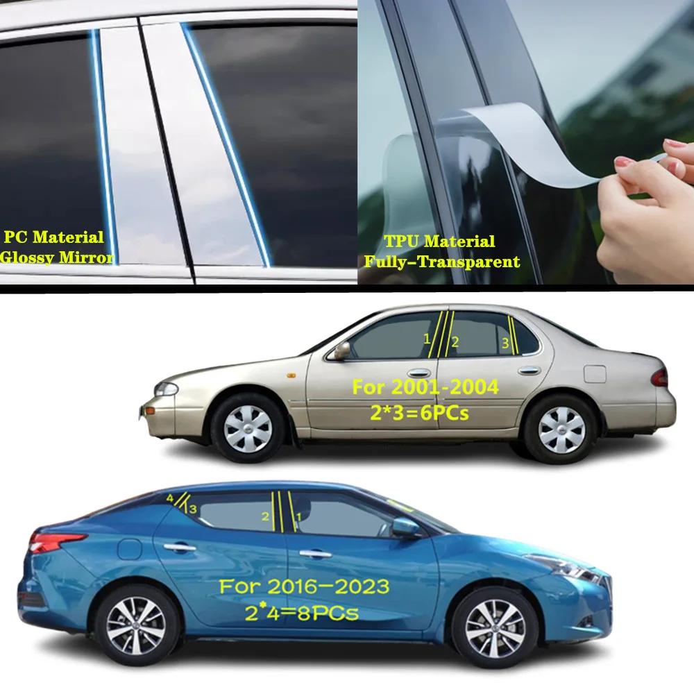 For Nissan Bluebird 2001-2004 2016-2021 Car TPU/Glossy Mirror Pillar Post Cover Door Trim Window Molding Sticker Accessories