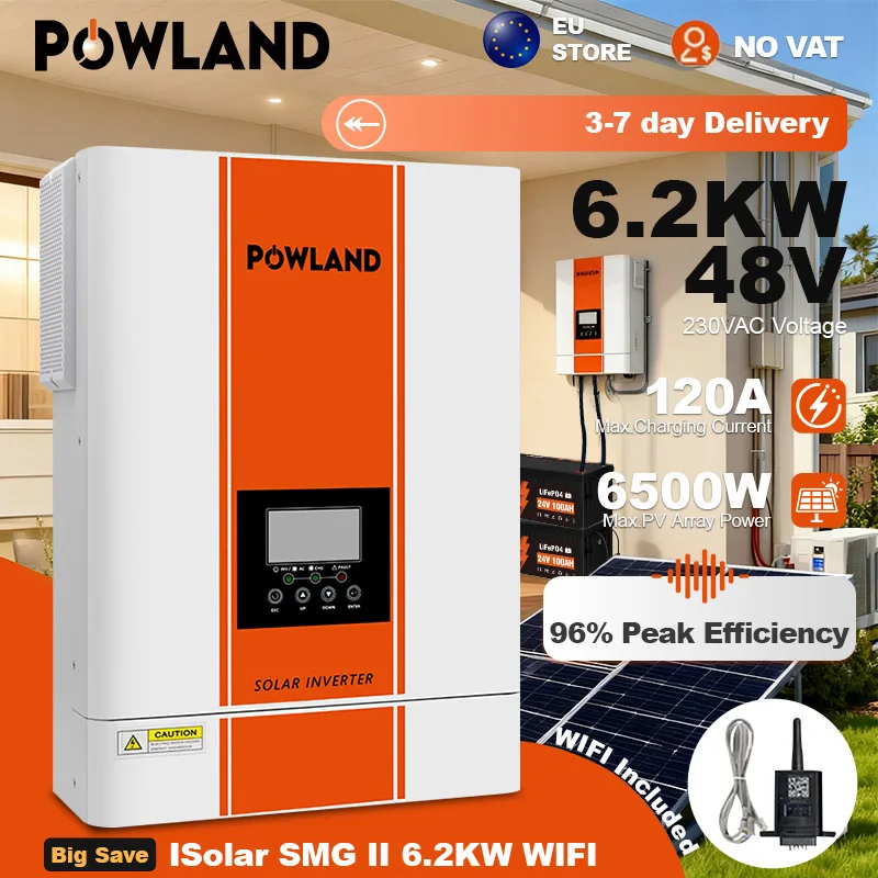 POWLAND-Chargeur hybride solaire 6500W, 48V, 6200VA, batterie 60V-500V, onde sinusoïdale pure 220V AC 110A, contrôleur de charge MPPT
