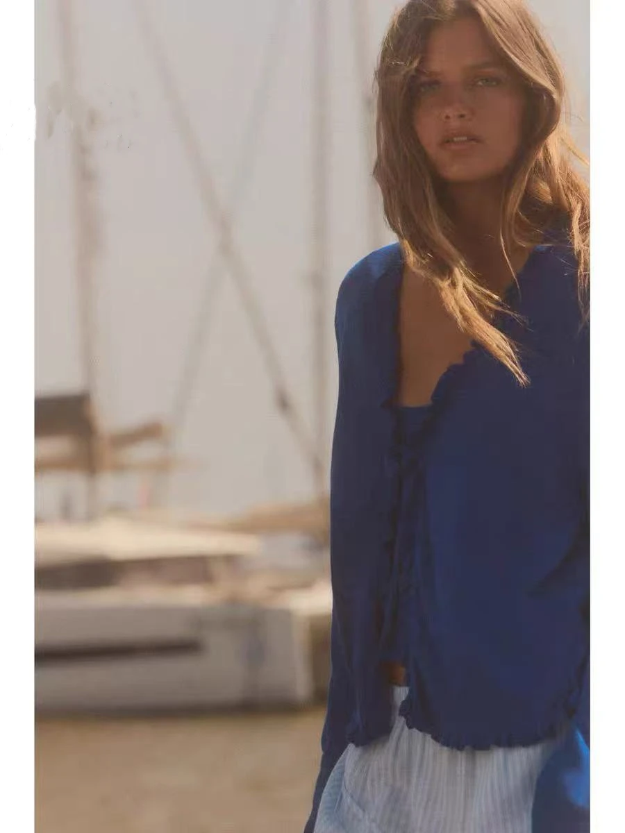 

YY26197 ZA25 summer new women's clothing bow tie layered decoration long sleeved V-neck sweater knitted jacket 6427055
