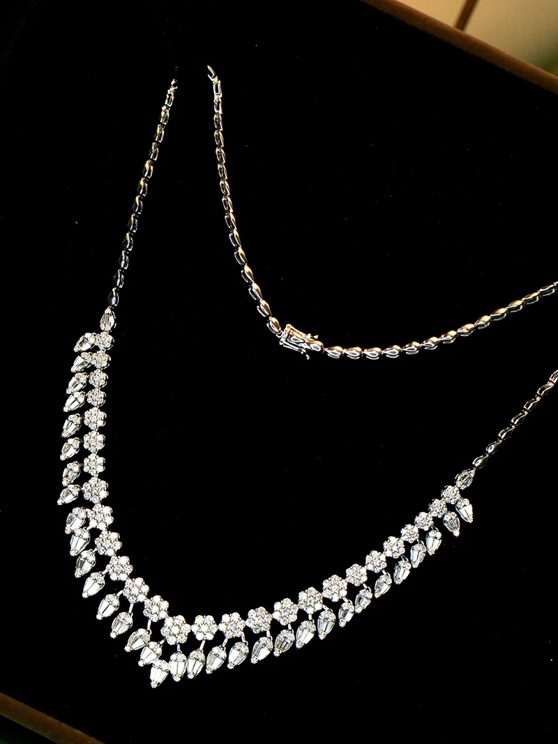 LUOWEND 100% 18K White Gold Necklace Luxury Design 8.20carat Real Natural Diamond Necklace for Women Senior Banquet Fine Jewelry