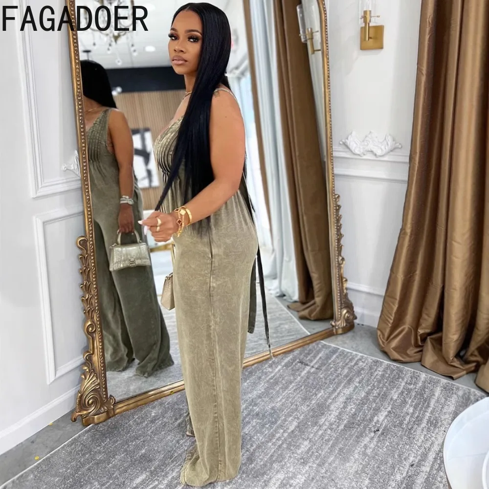 FAGADOER ฤดูร้อนใหม่ Casual Ruched Patchwork Jumpsuits ผู้หญิงสีทึบหลวม Rompers หญิง Streetwear Overalls ใหม่
