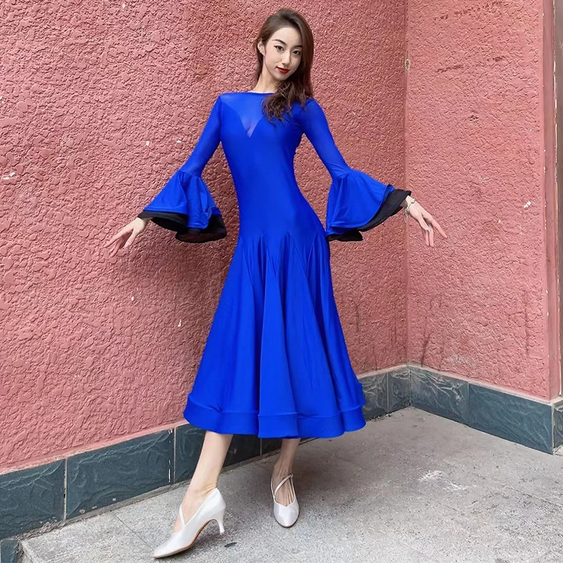 Royal Blue Ballroom Dance Dress Women Competition Clothing Waltz Dance Costume Prom Wear Flared Sleeves Practice Dress BL10610