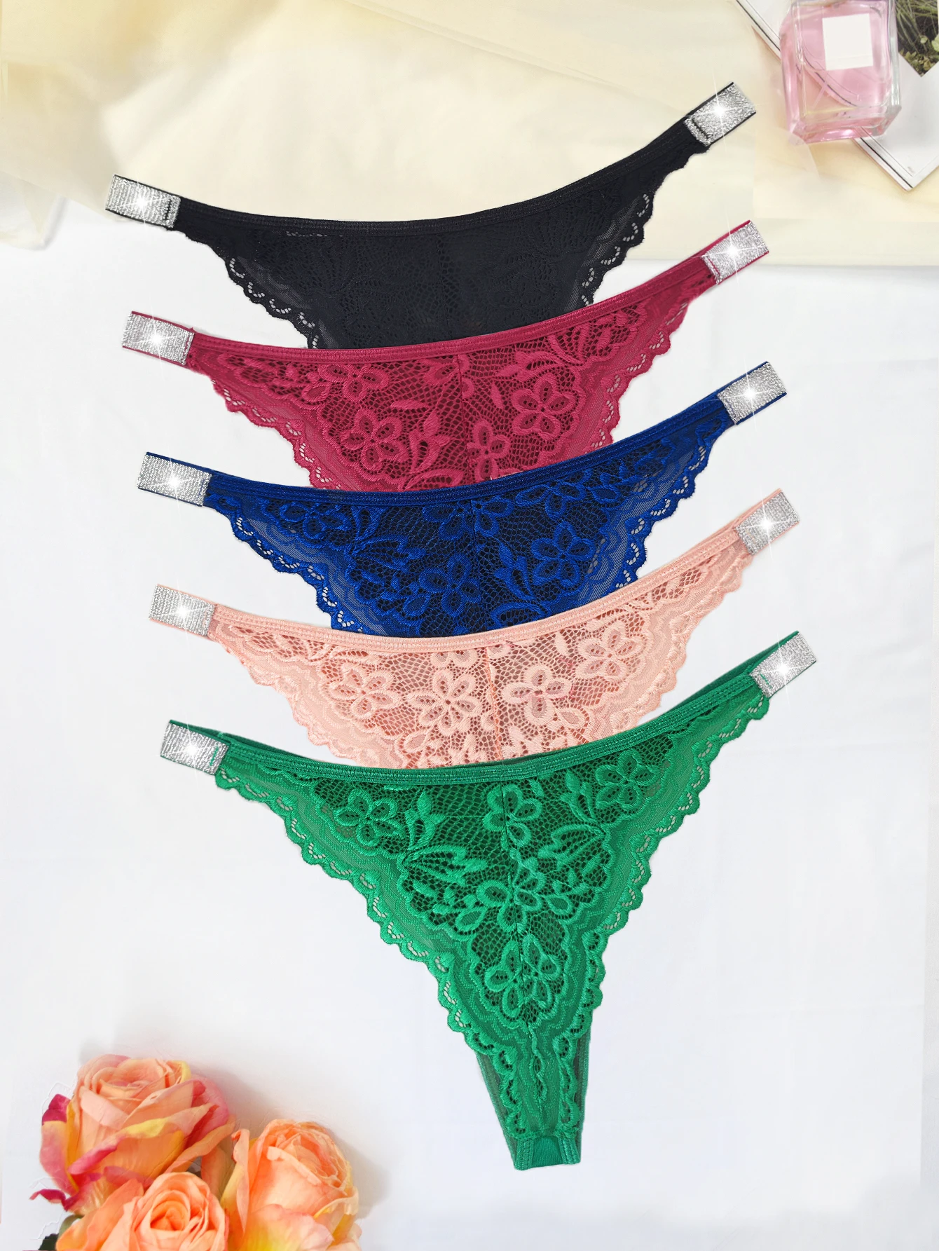 5pcs/Set Sexy Embroidery Two Shiny Belts Women Briefs Solid Low Waist Comfortable Female Panties Elegant Intimates Lingerie