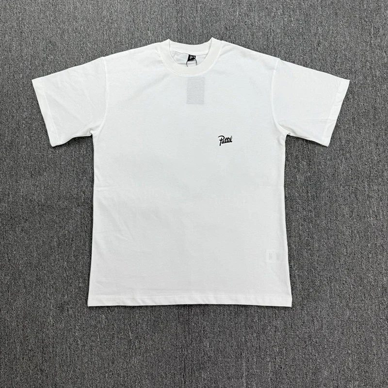 PATTA Men Casual White Short Sleeve Tee Front Script Logo Back Championship Ring Graphic Print Shirt