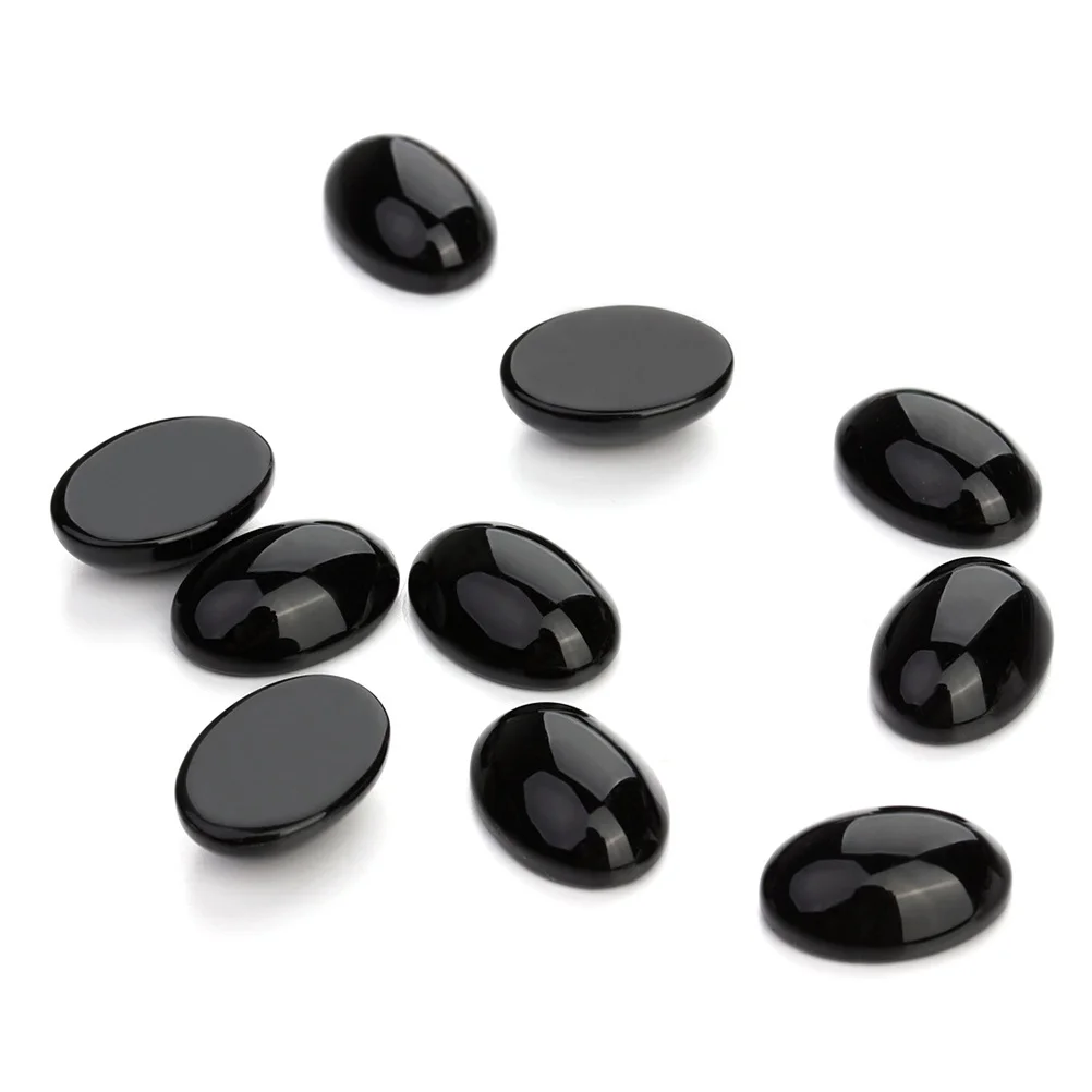 10Pcs Oval Black Agate Stone Cabochons 10x14mm Flat Base DIY Jewelry Making Supplies for Rings Earrings Crafts
