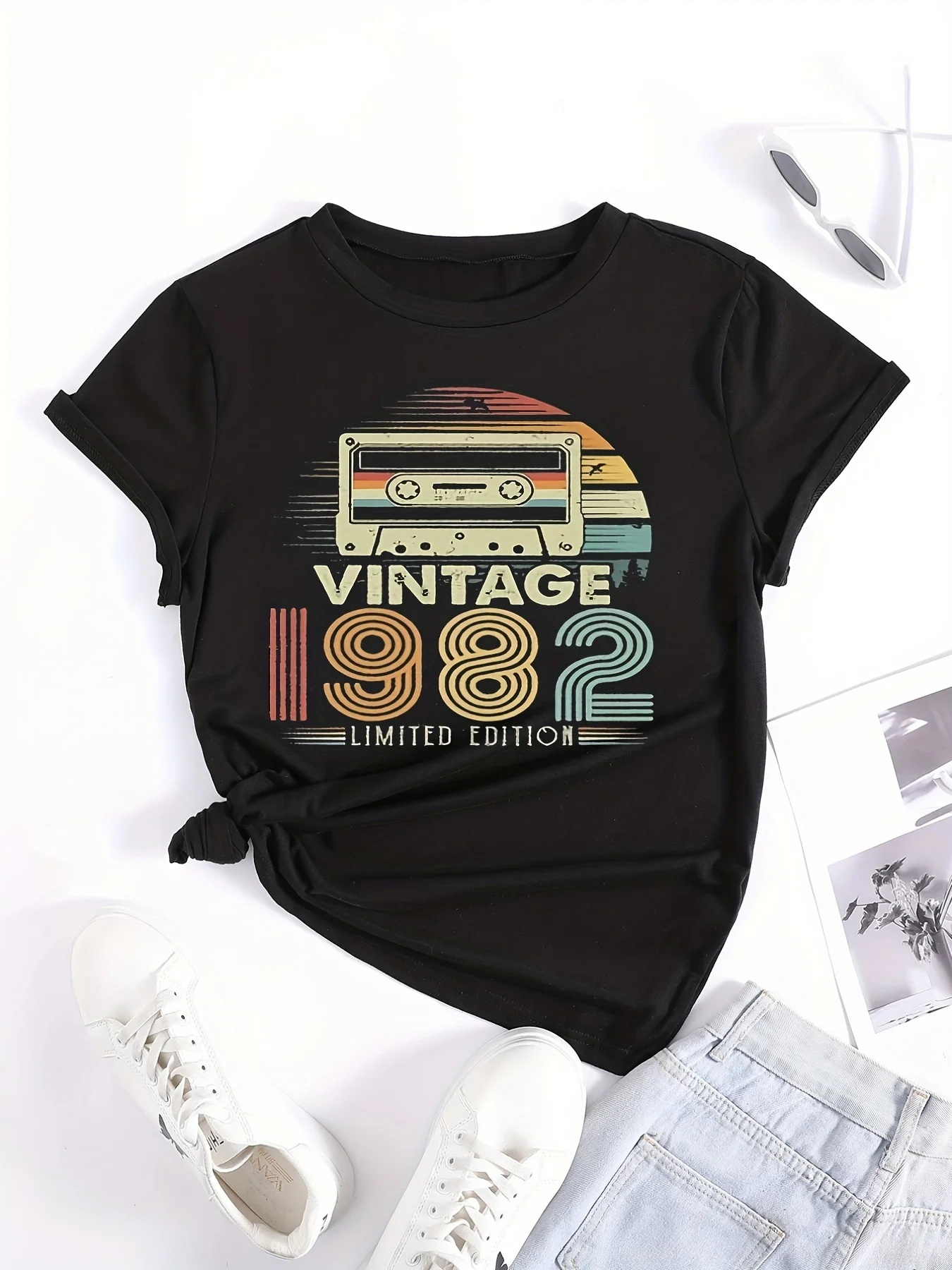 1982 Vintage Letter Print Tee – Comfy Stretch Crew Neck, Soft Knit Fabric, Casual All-Season Style