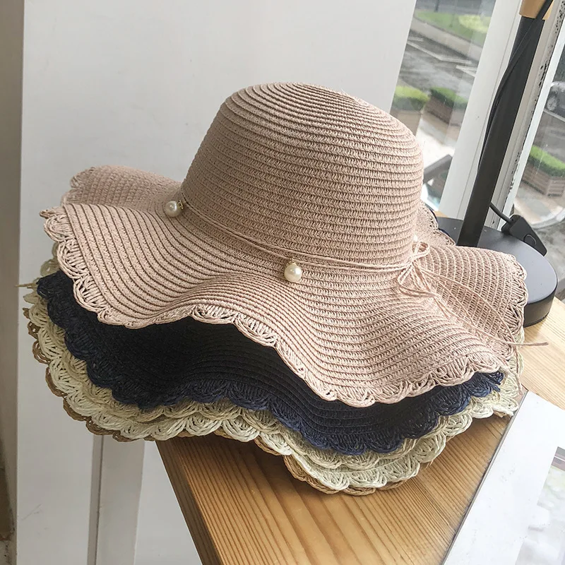 Women's Hat Summer Korean Version Small Beach Visor Sweet Fresh Pearl Hat Casual Sunblock Girly Style Solid Color Breathable Hat