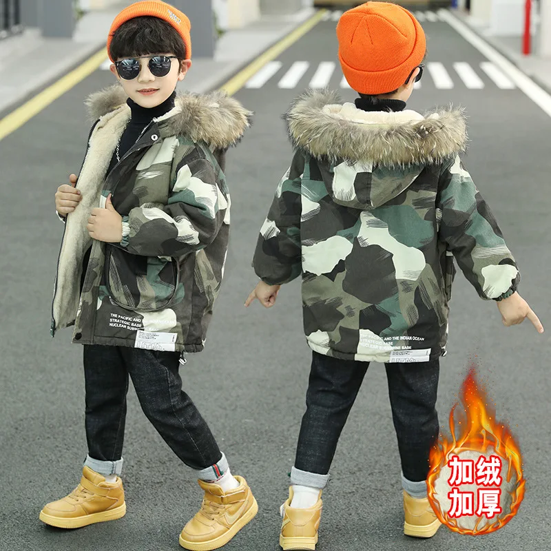 Boys Coat Jacket Cotton Outerwear Windbreak 2023 Camouflage Thicken Velvet Winter Warm School Sport Children\'s Clothing